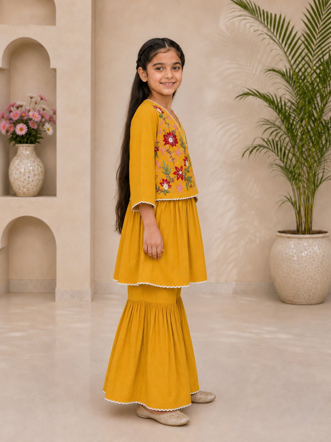 Bitiya By Bhama Girls Mustard Embroidered Jacket Style Kurta Set