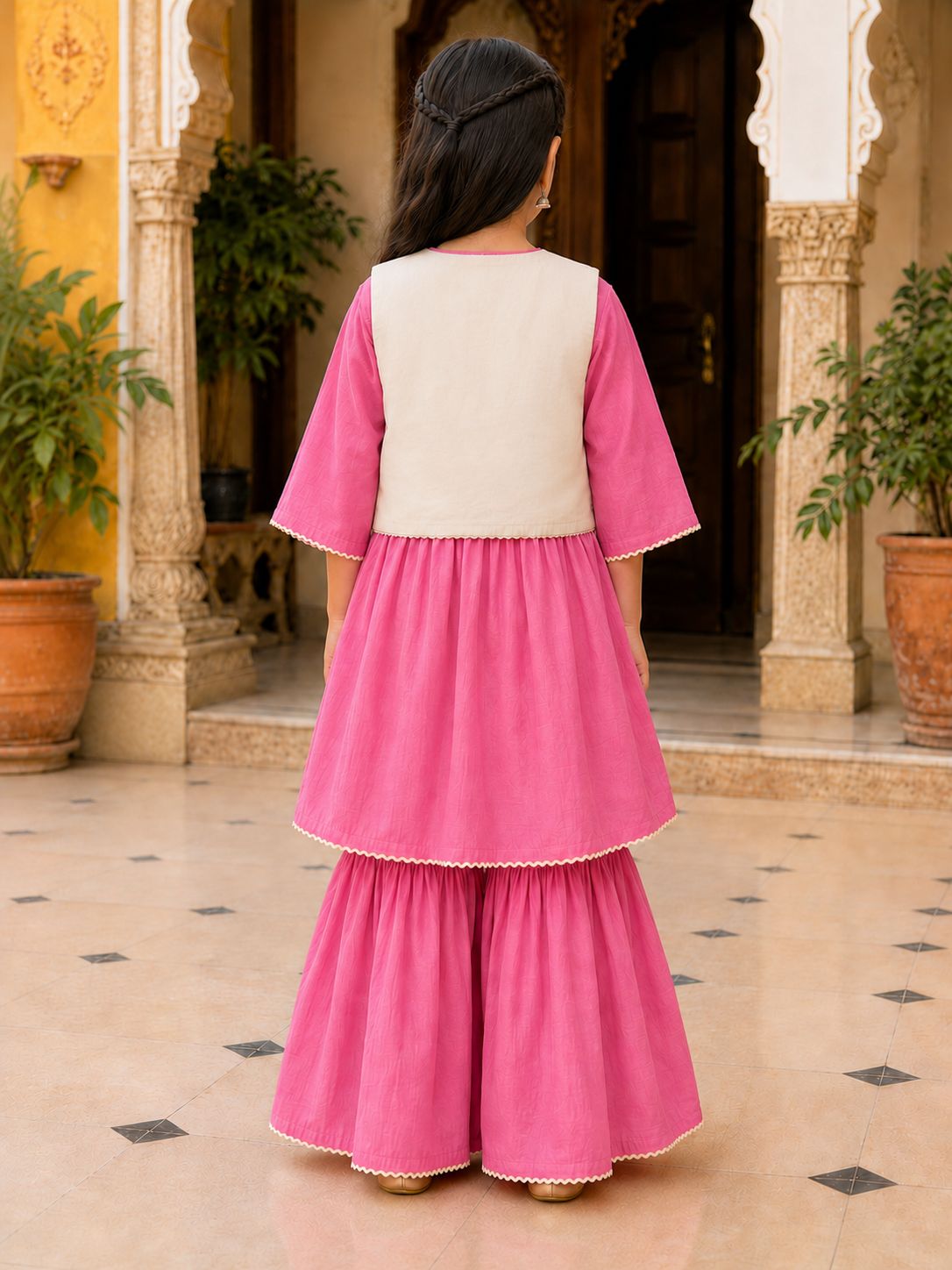 Bitiya By Bhama Girls Pink Embroidered Jacket Style Kurta Set