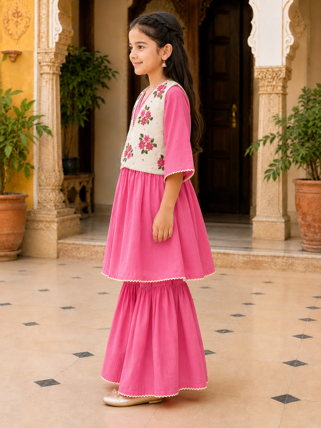 Bitiya By Bhama Girls Pink Embroidered Jacket Style Kurta Set