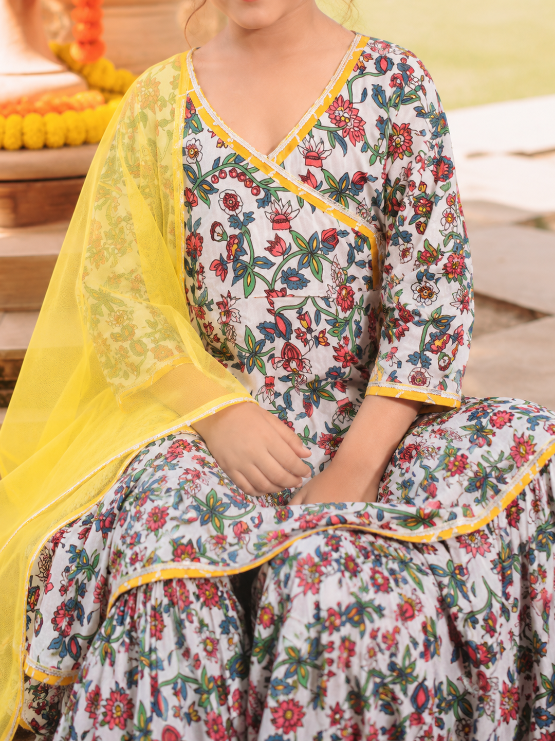Bitiya By Bhama Girls white Floral Printed Kurta With Sharara & Dupatta
