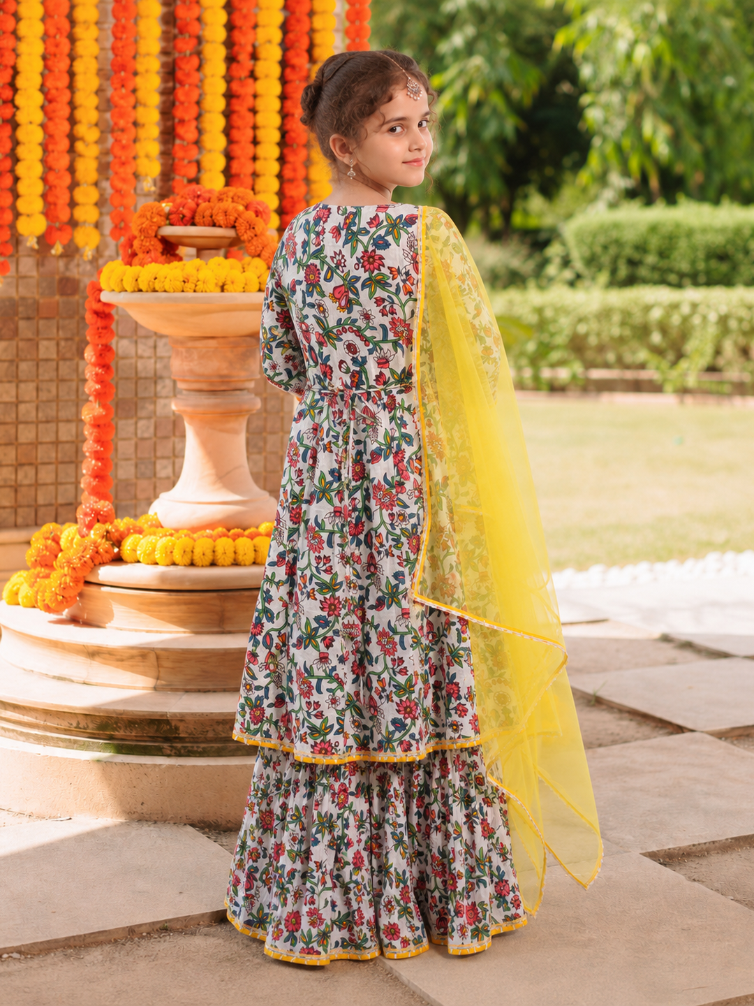 Bitiya By Bhama Girls white Floral Printed Kurta With Sharara & Dupatta