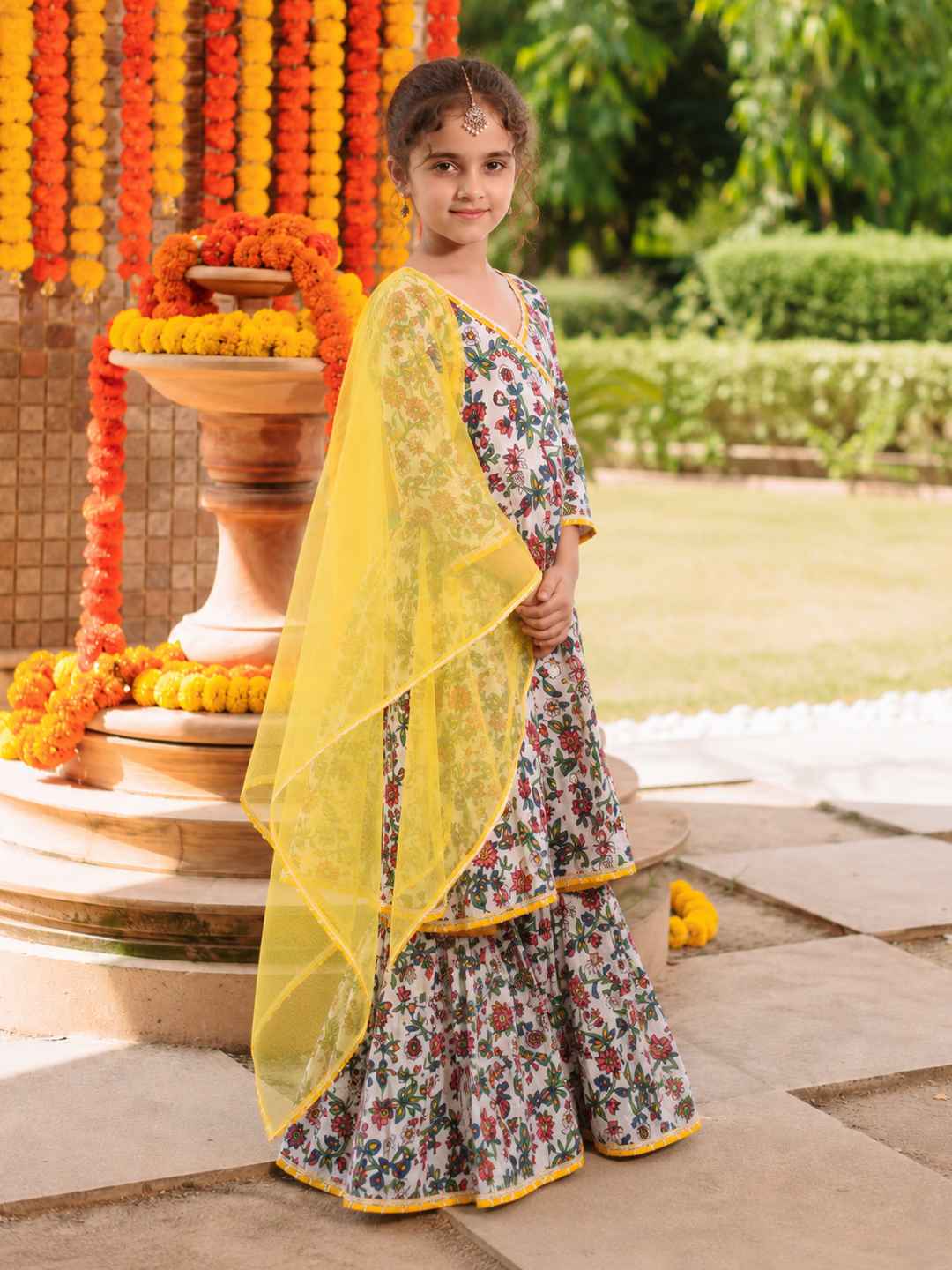 Bitiya By Bhama Girls white Floral Printed Kurta With Sharara & Dupatta