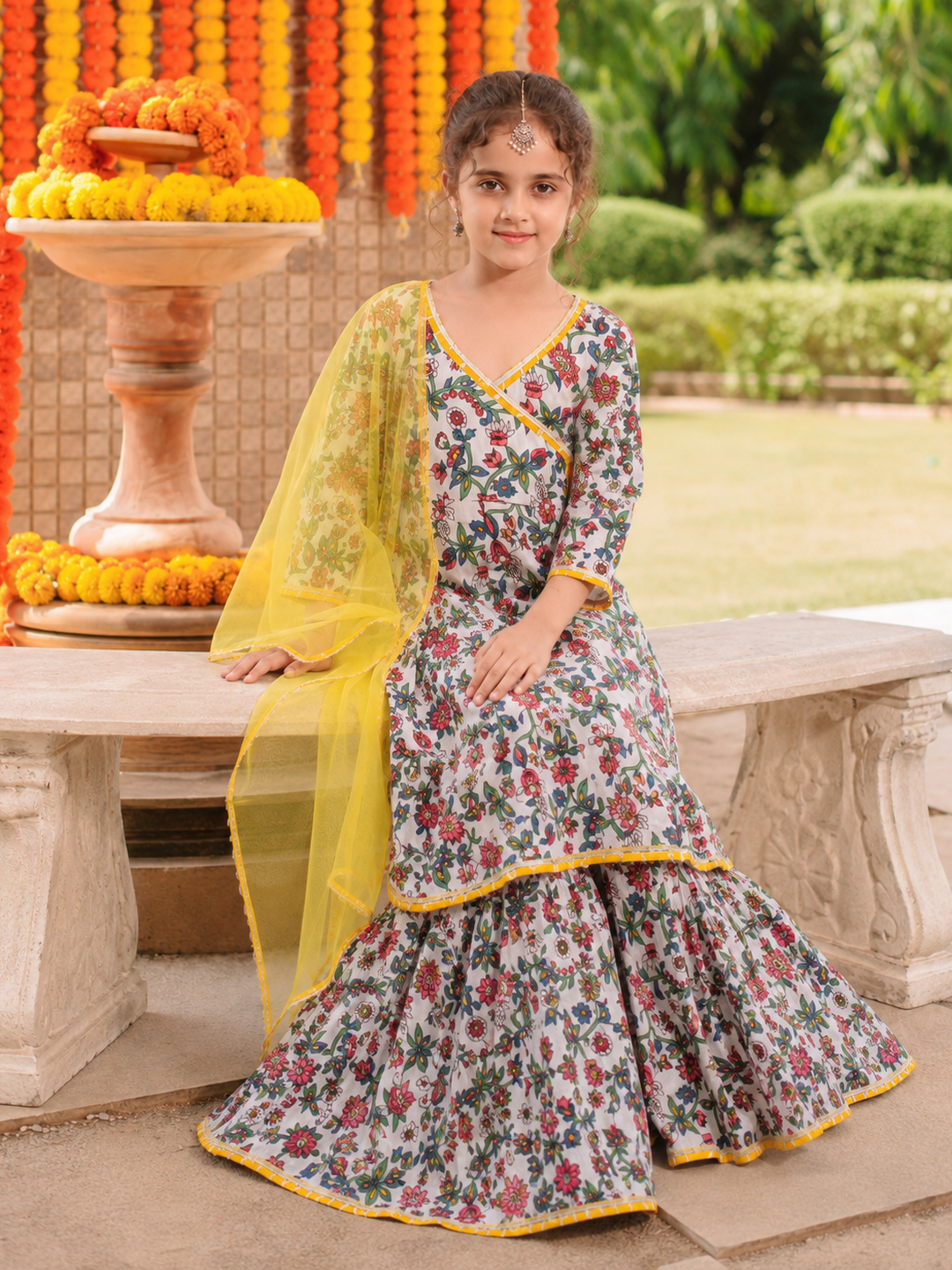 Bitiya By Bhama Girls white Floral Printed Kurta With Sharara & Dupatta
