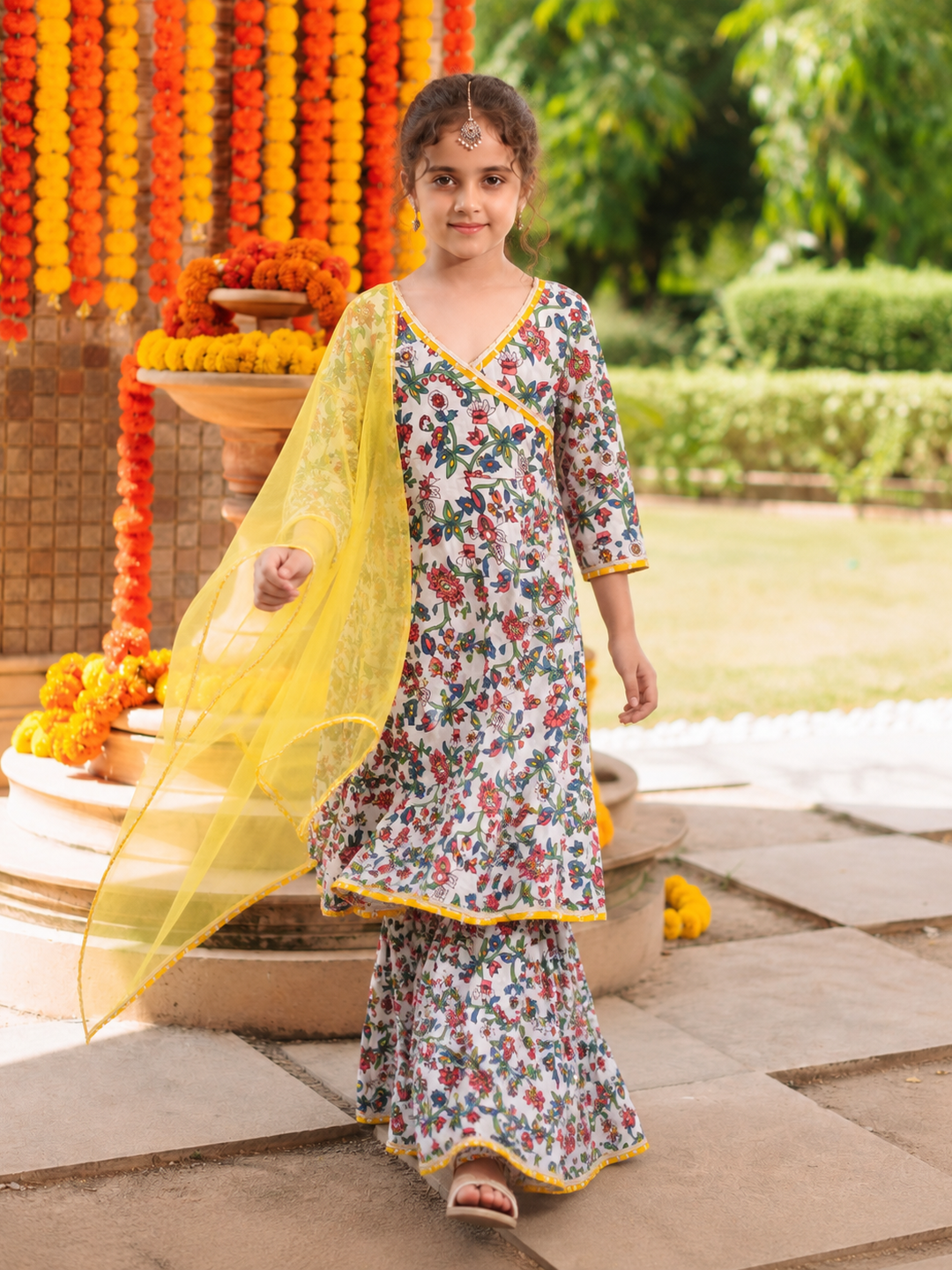 Bitiya By Bhama Girls white Floral Printed Kurta With Sharara & Dupatta
