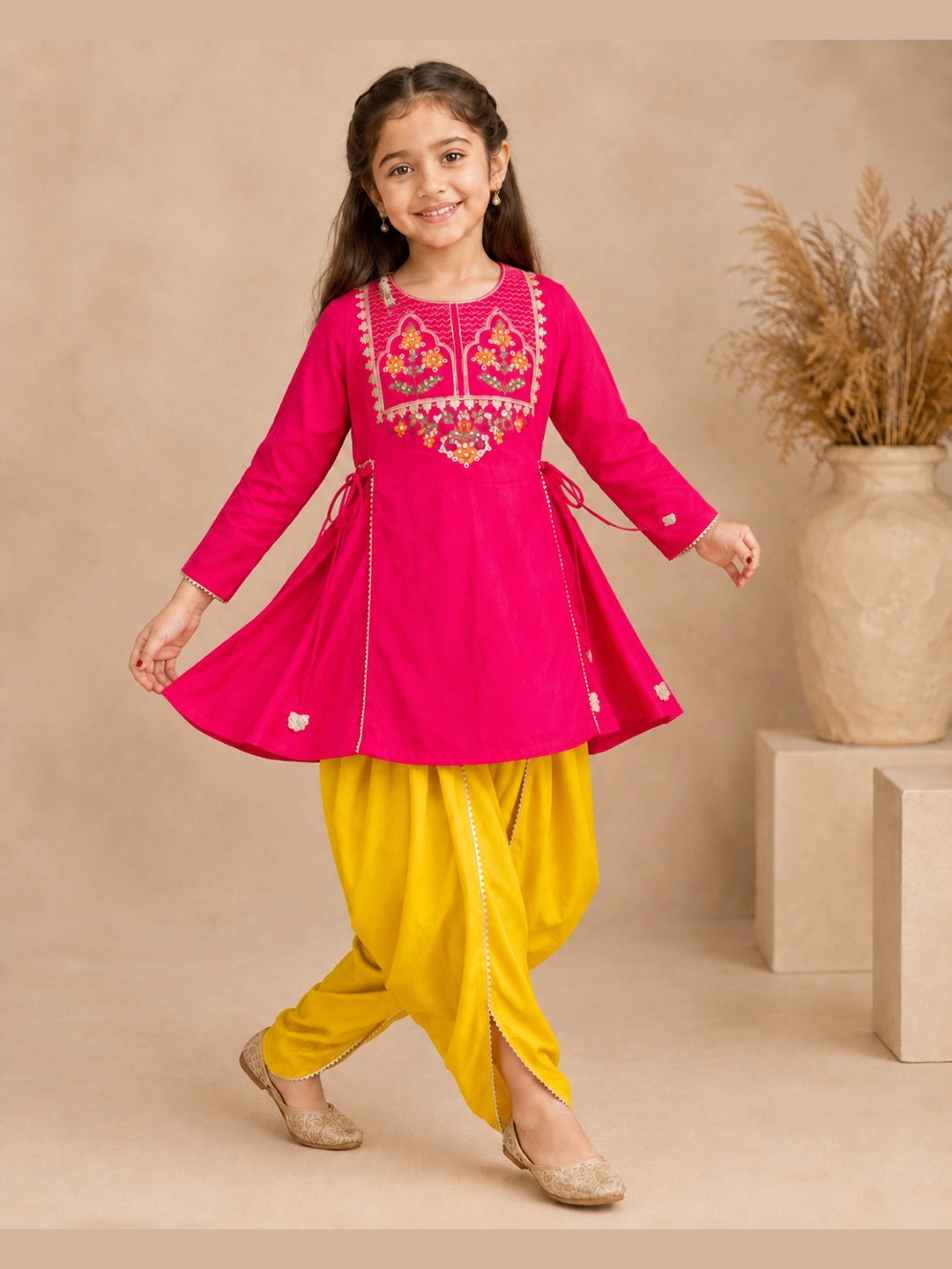 Bitiya By Bhama Girls Pink Embroidered Kurta With Mustard Dhoti Set.