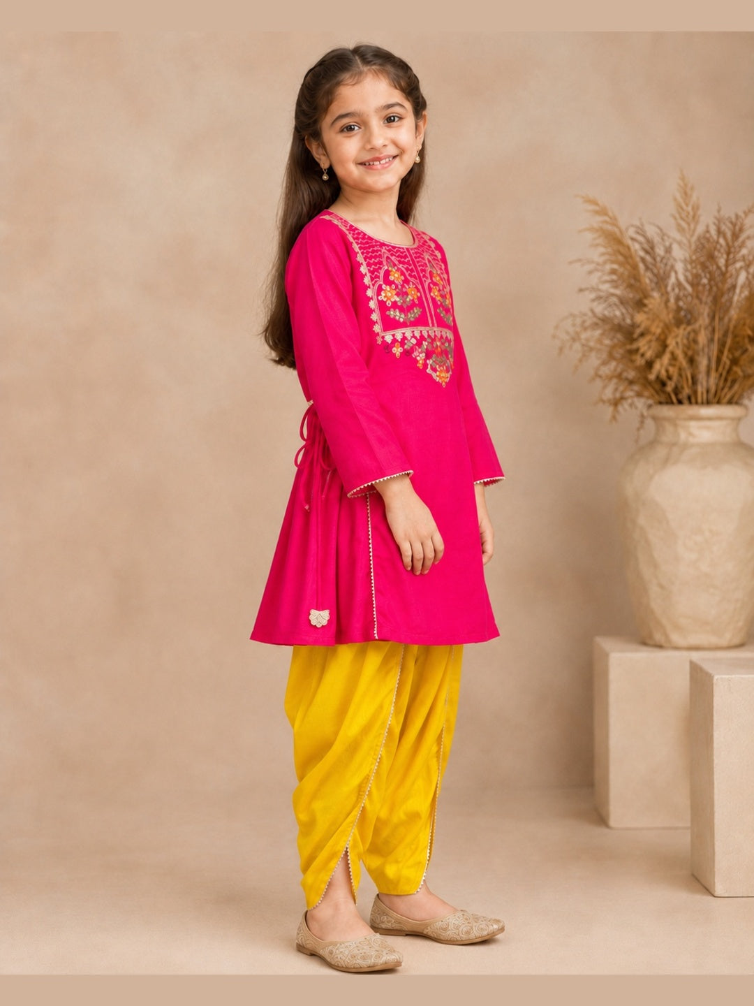 Bitiya By Bhama Girls Pink Embroidered Kurta With Mustard Dhoti Set.