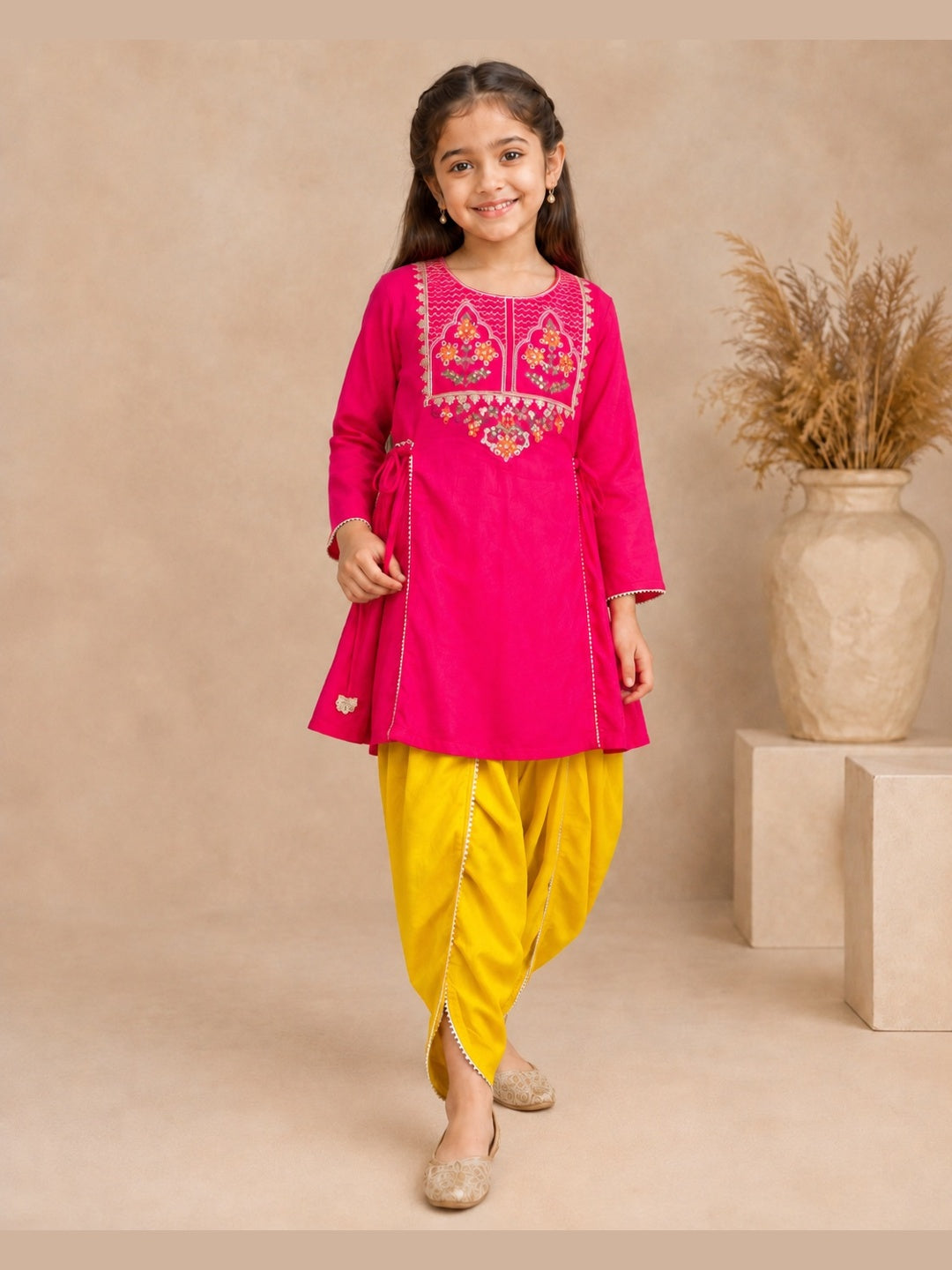 Bitiya By Bhama Girls Pink Embroidered Kurta With Mustard Dhoti Set.