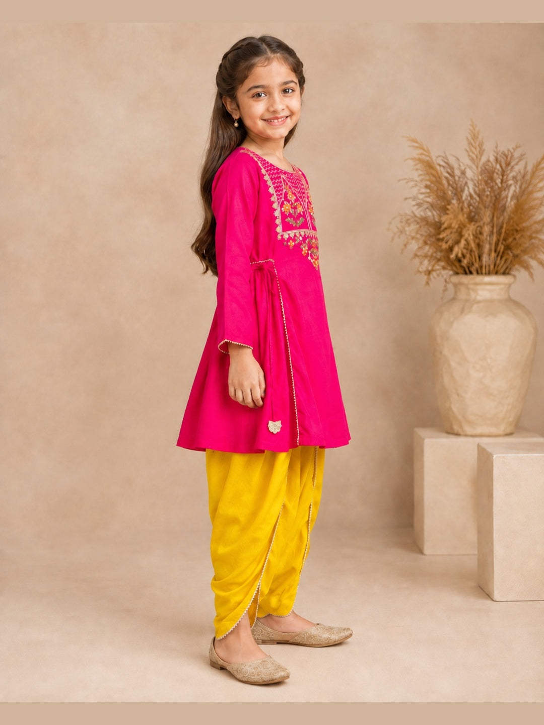 Bitiya By Bhama Girls Pink Embroidered Kurta With Mustard Dhoti Set.