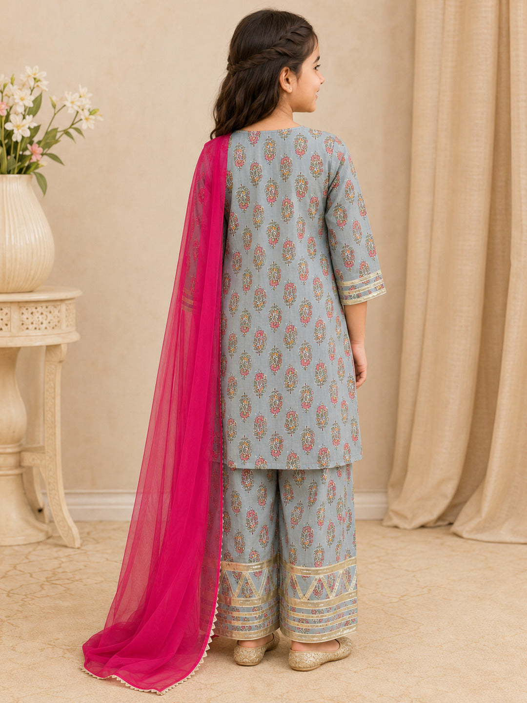 Bitiya By Bhama Girls Grey Floral Printed Kurta With Farsi Salwar & Dupatta