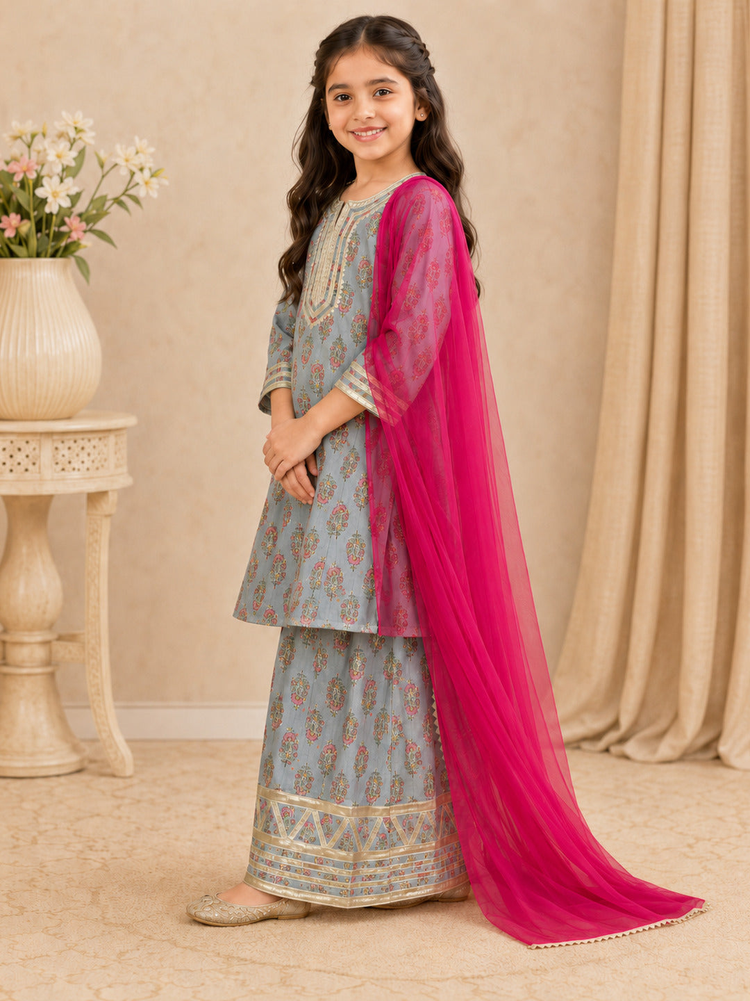Bitiya By Bhama Girls Grey Floral Printed Kurta With Farsi Salwar & Dupatta