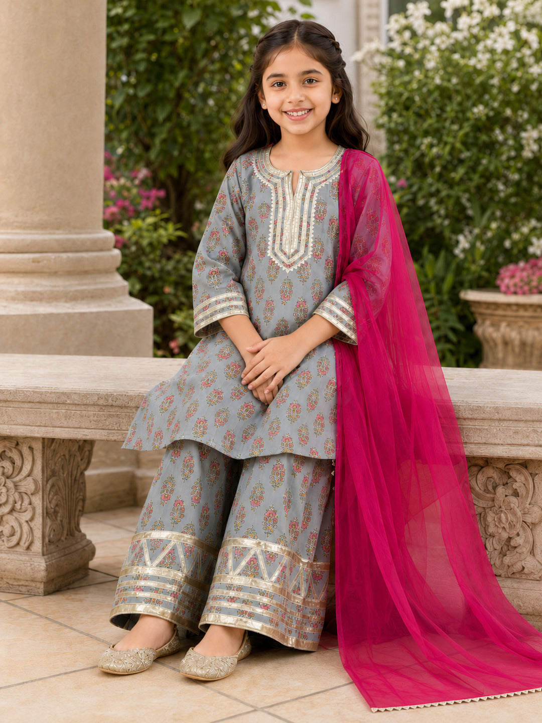 Bitiya By Bhama Girls Grey Floral Printed Kurta With Farsi Salwar & Dupatta