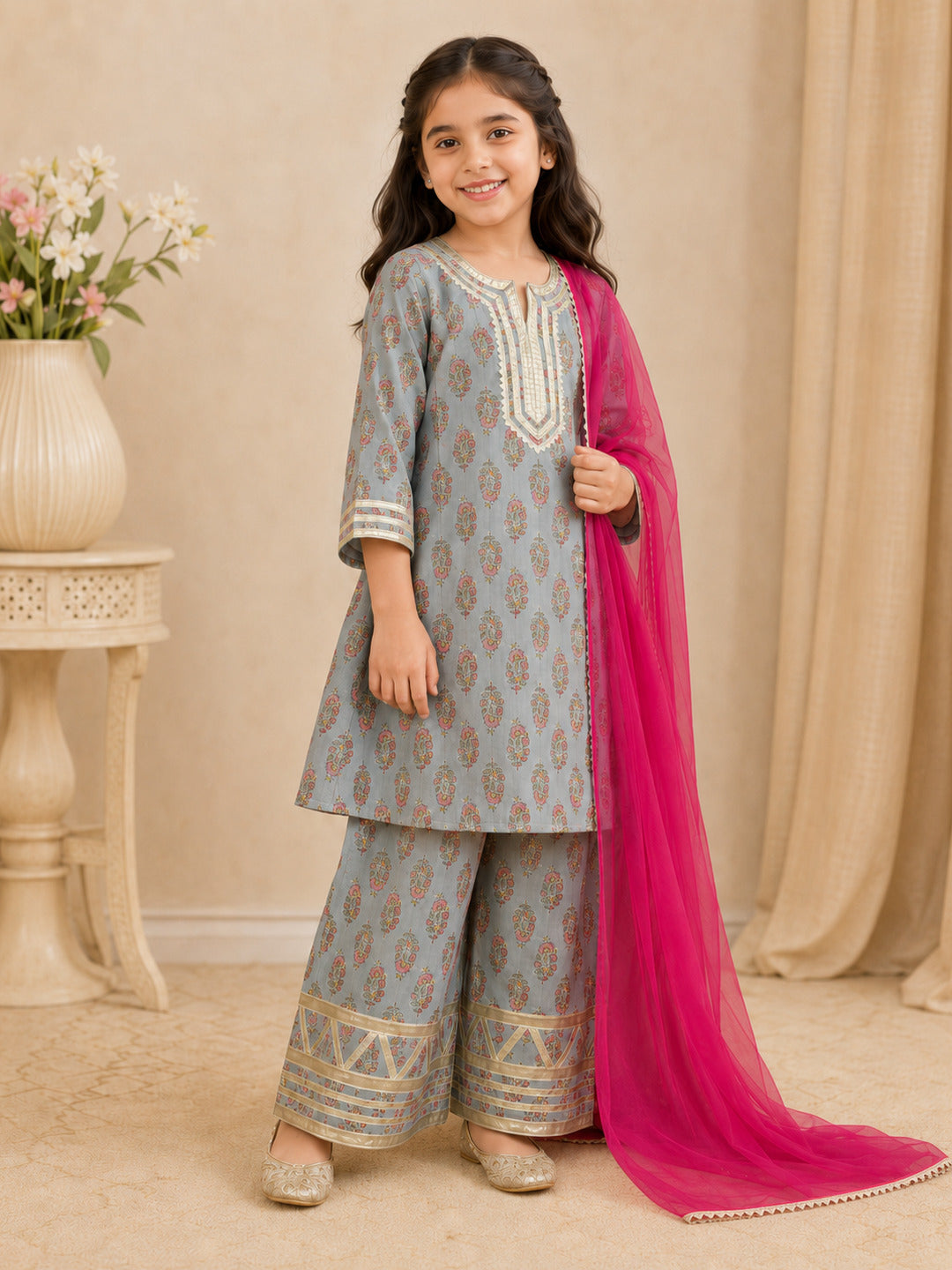 Bitiya By Bhama Girls Grey Floral Printed Kurta With Farsi Salwar & Dupatta