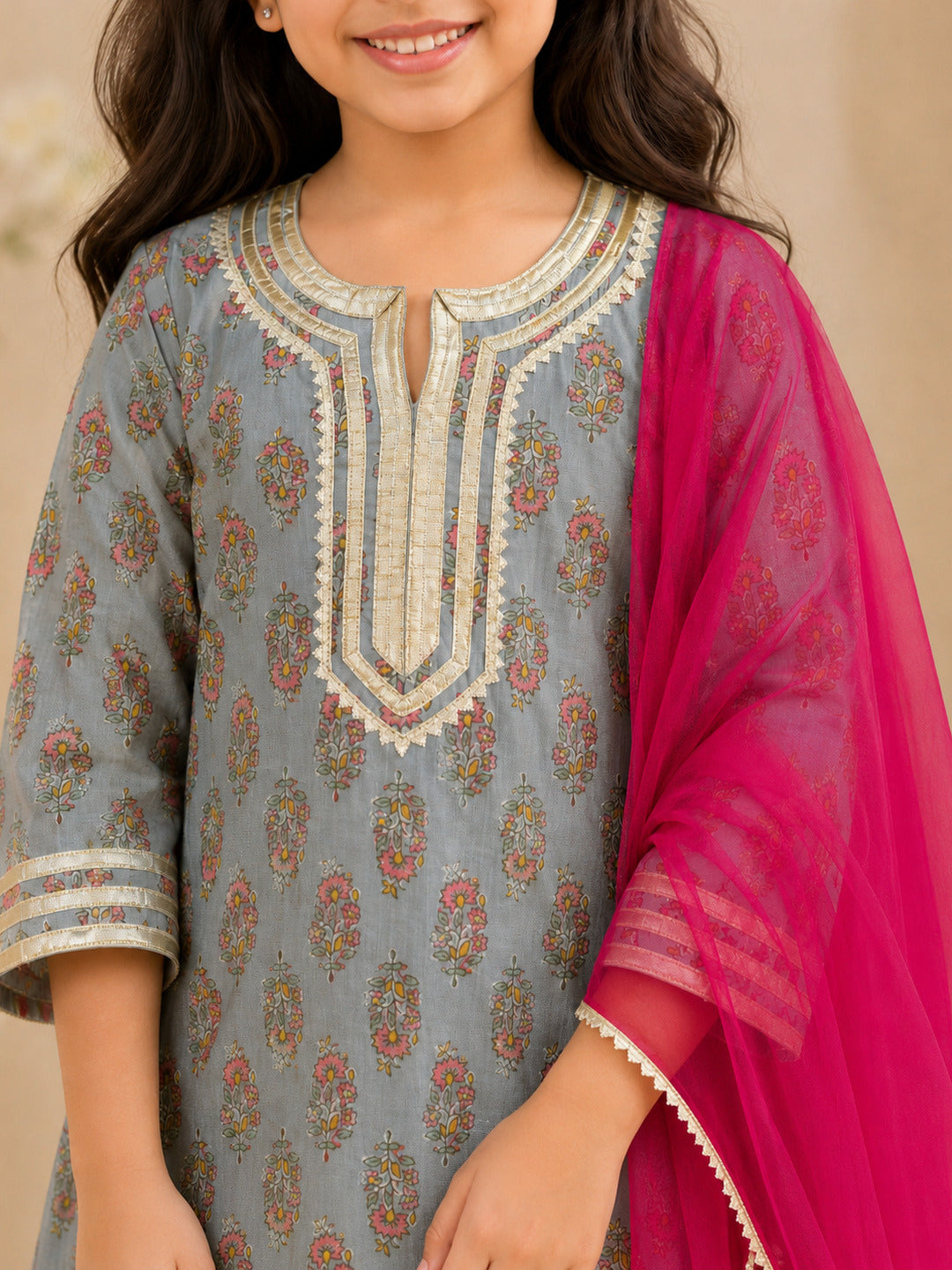 Bitiya By Bhama Girls Grey Floral Printed Kurta With Farsi Salwar & Dupatta