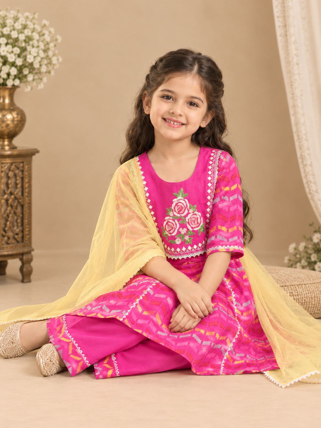 Bitiya By Bhama Girls Pink Embroidered Kurta With Matching & Yellow Dupatta Set.