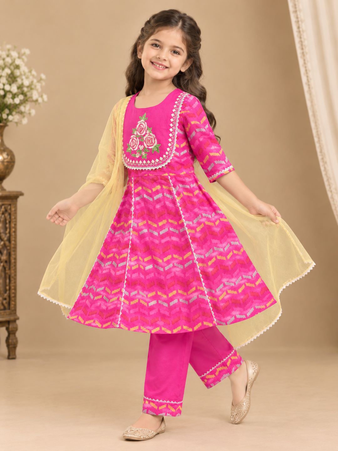 Bitiya By Bhama Girls Pink Embroidered Kurta With Matching & Yellow Dupatta Set.