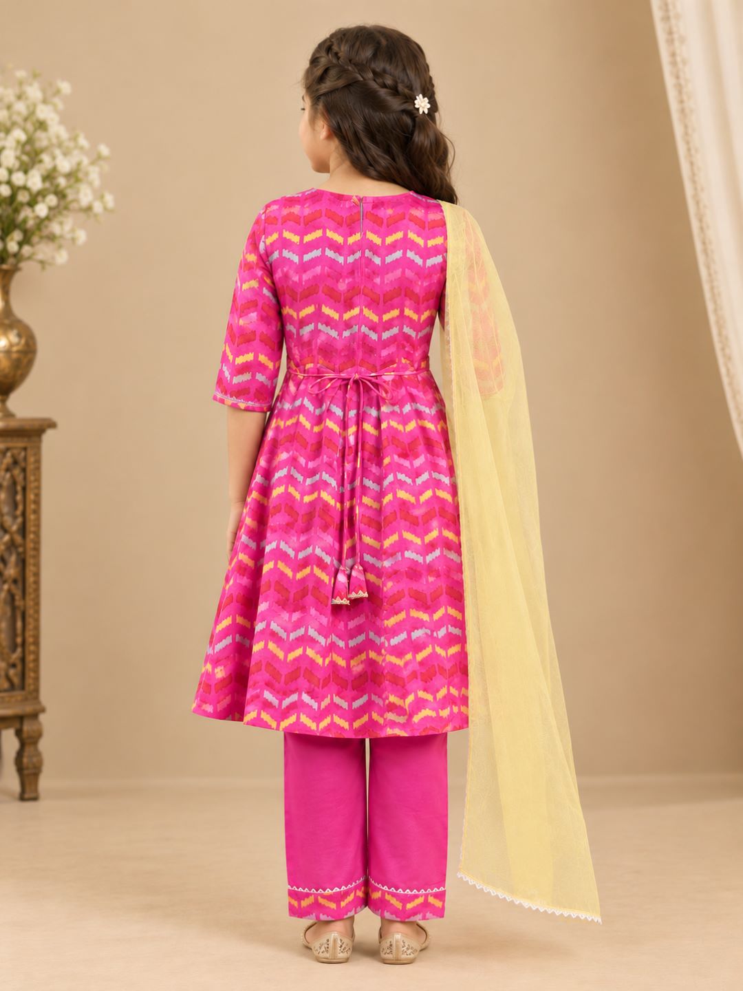 Bitiya By Bhama Girls Pink Embroidered Kurta With Matching & Yellow Dupatta Set.