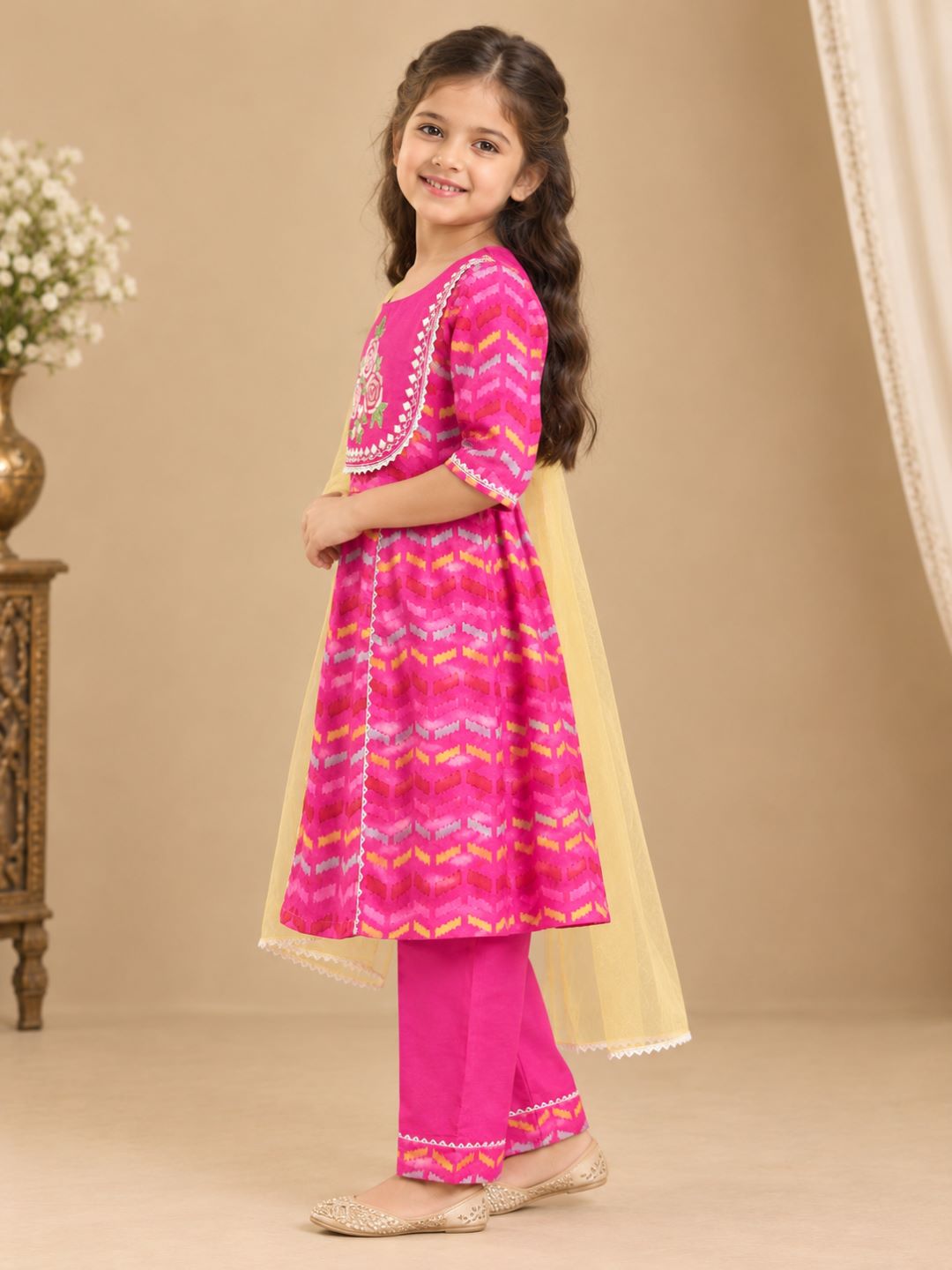 Bitiya By Bhama Girls Pink Embroidered Kurta With Matching & Yellow Dupatta Set.