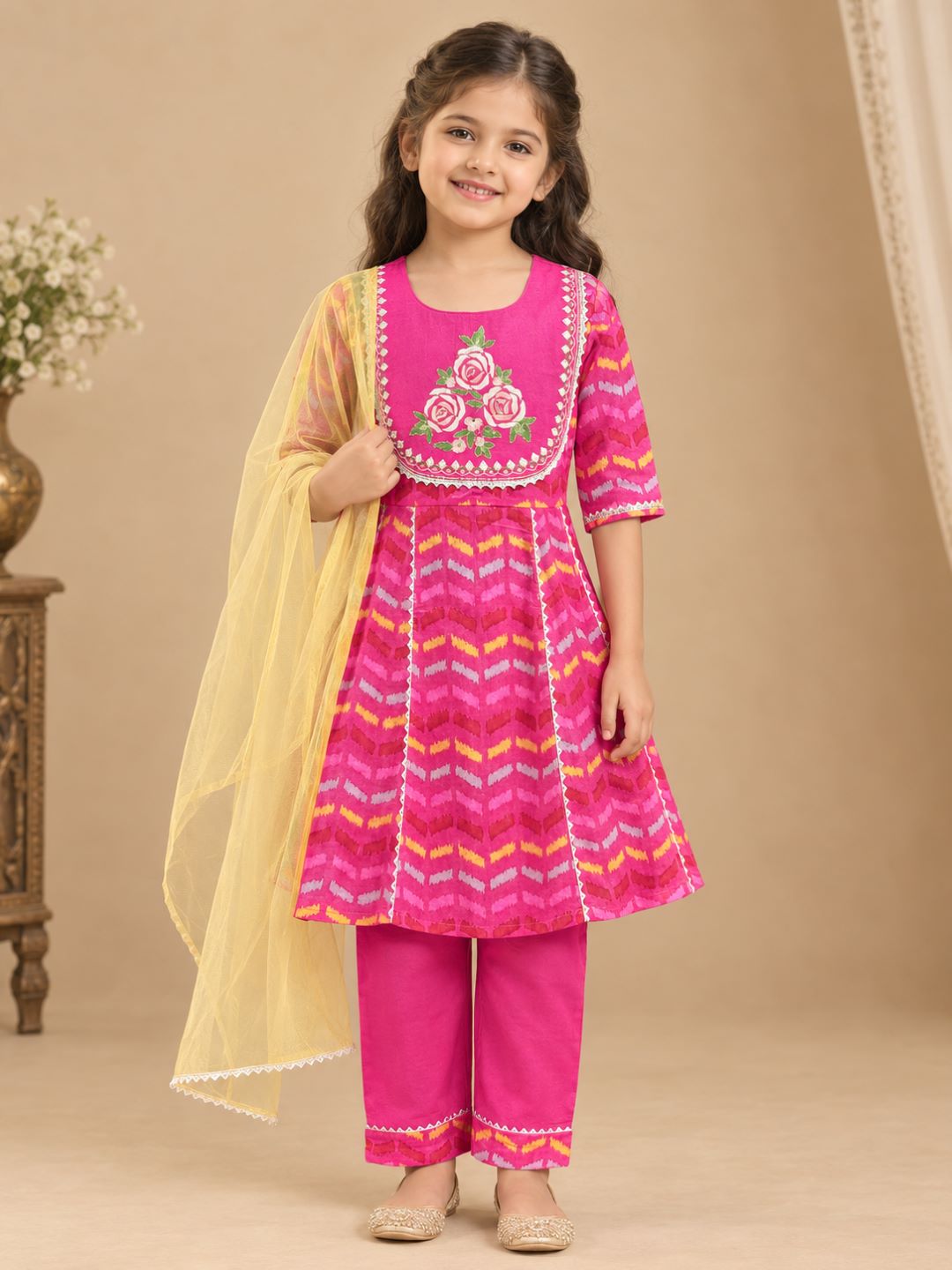 Bitiya By Bhama Girls Pink Embroidered Kurta With Matching & Yellow Dupatta Set.