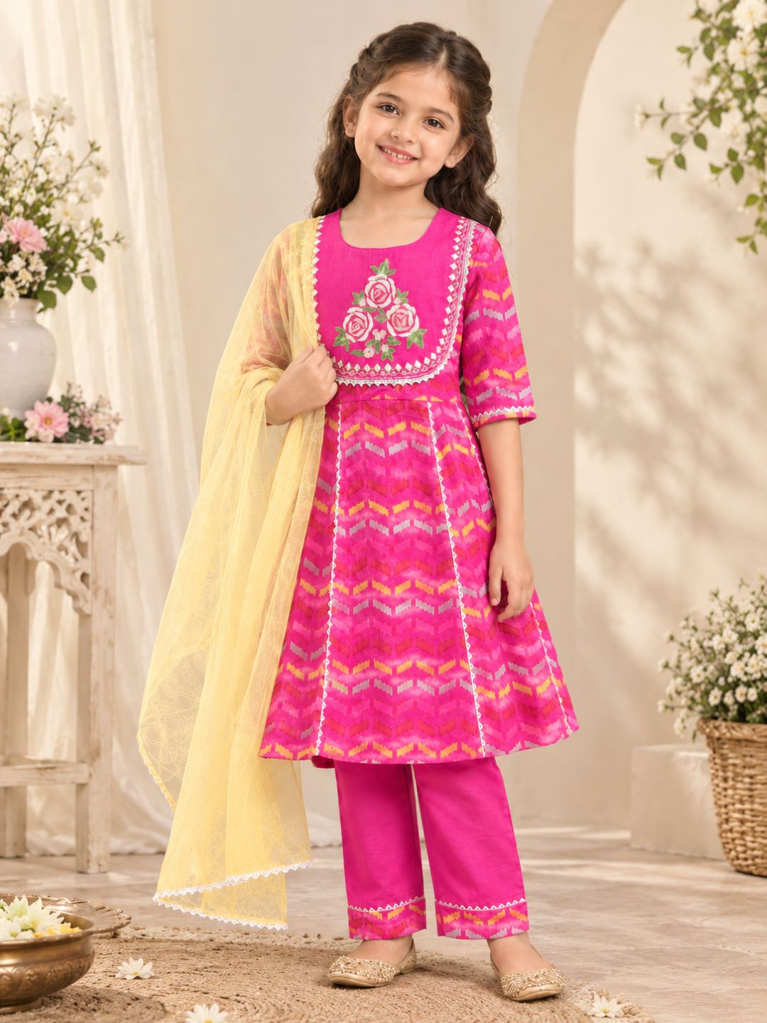 Bitiya By Bhama Girls Pink Embroidered Kurta With Matching & Yellow Dupatta Set.