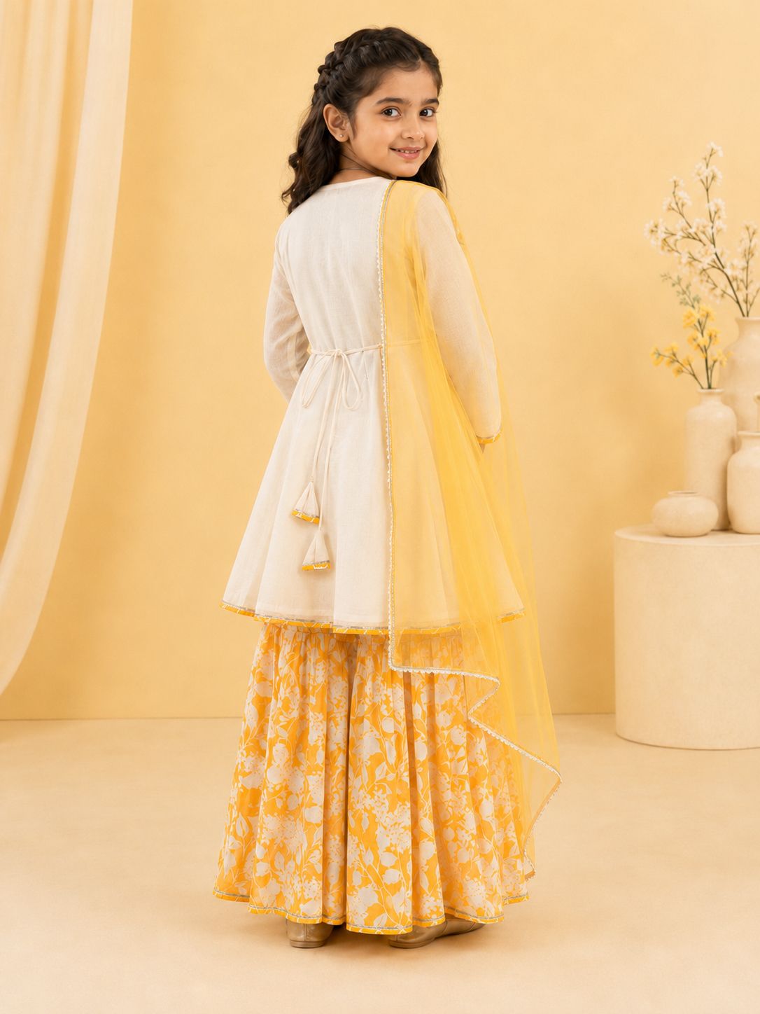 Bitiya By Bhama Girls Off White Kurta With Contrast Sharara & Dupatta