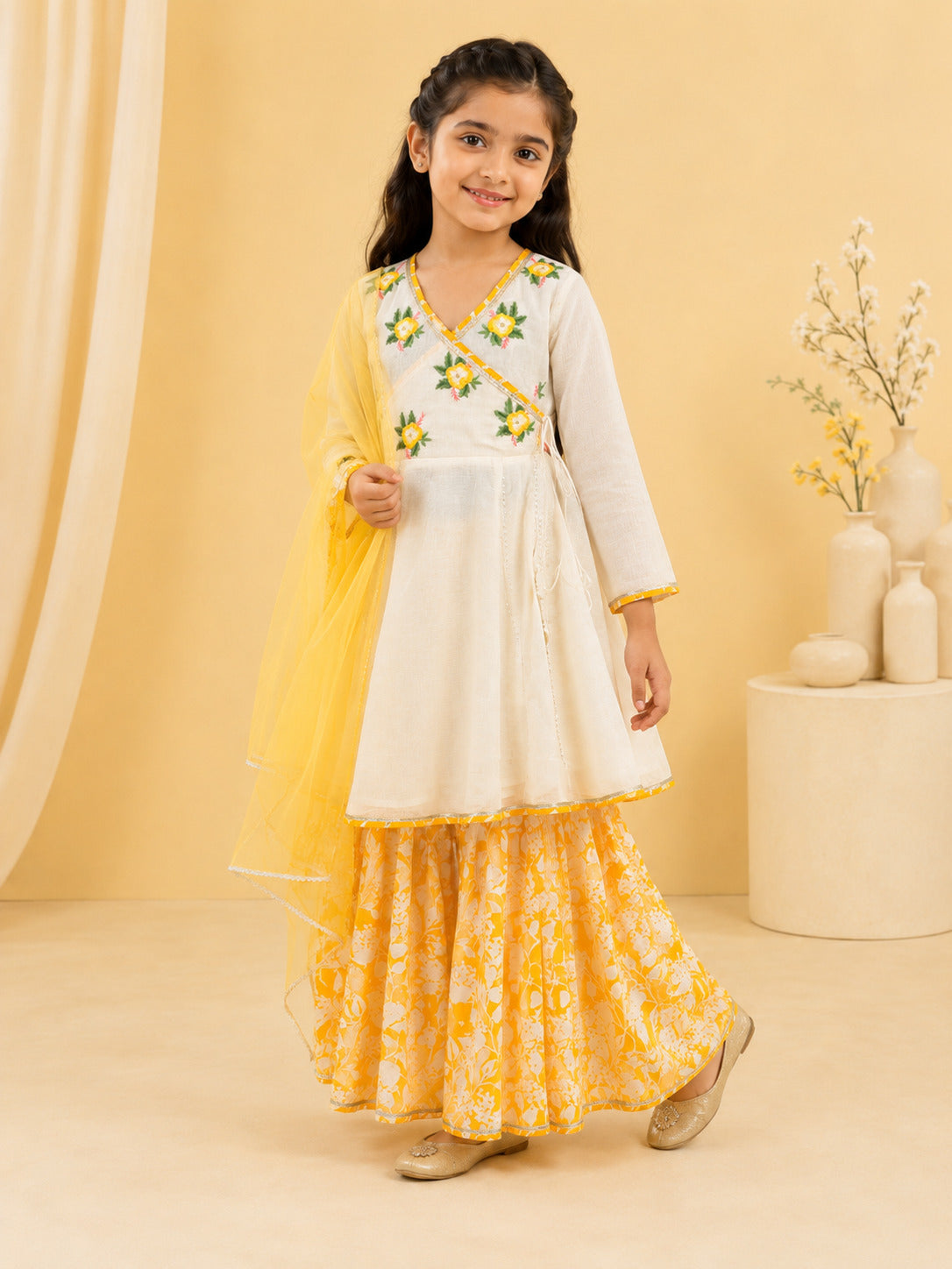 Bitiya By Bhama Girls Off White Kurta With Contrast Sharara & Dupatta