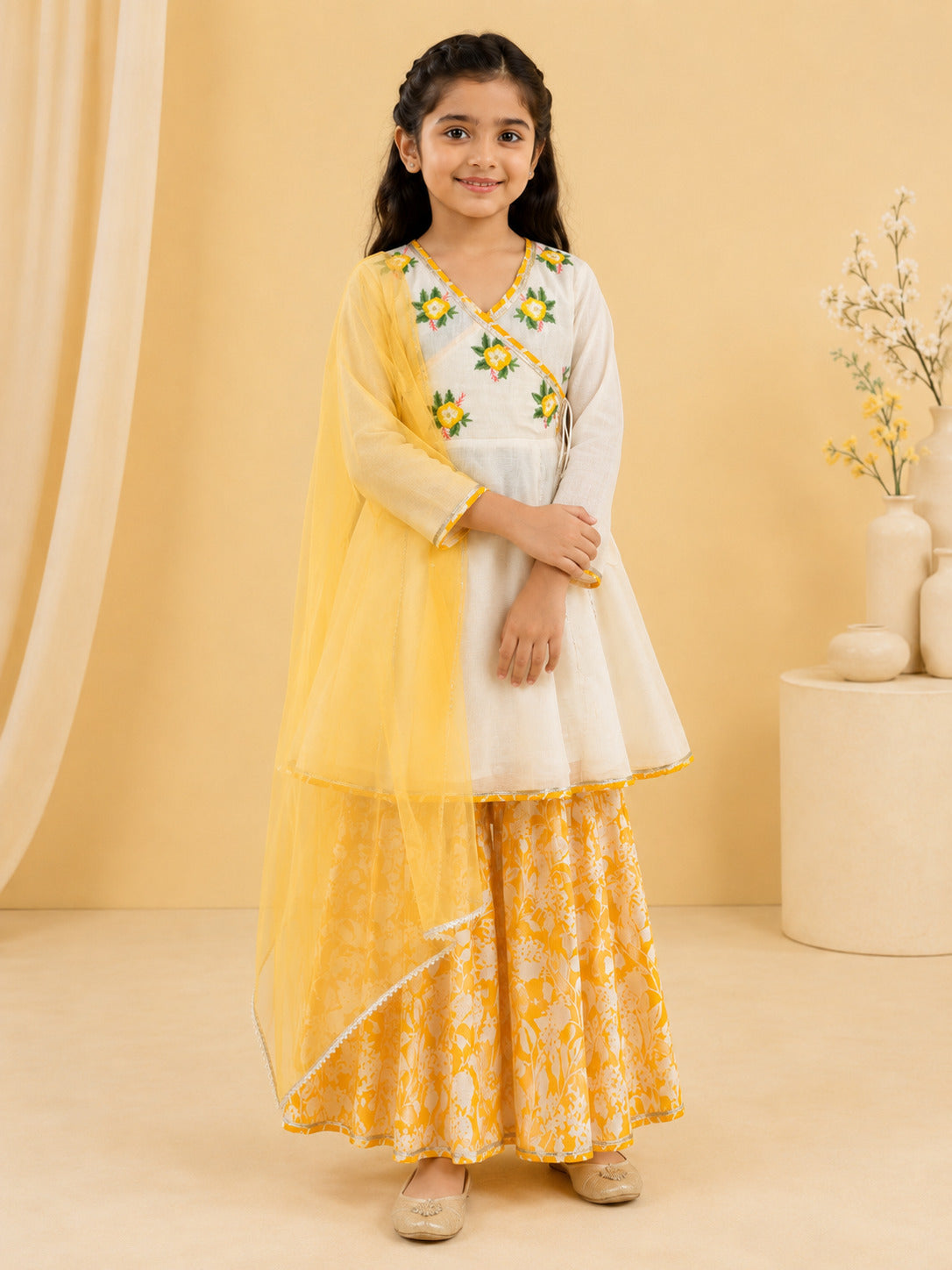 Bitiya By Bhama Girls Off White Kurta With Contrast Sharara & Dupatta
