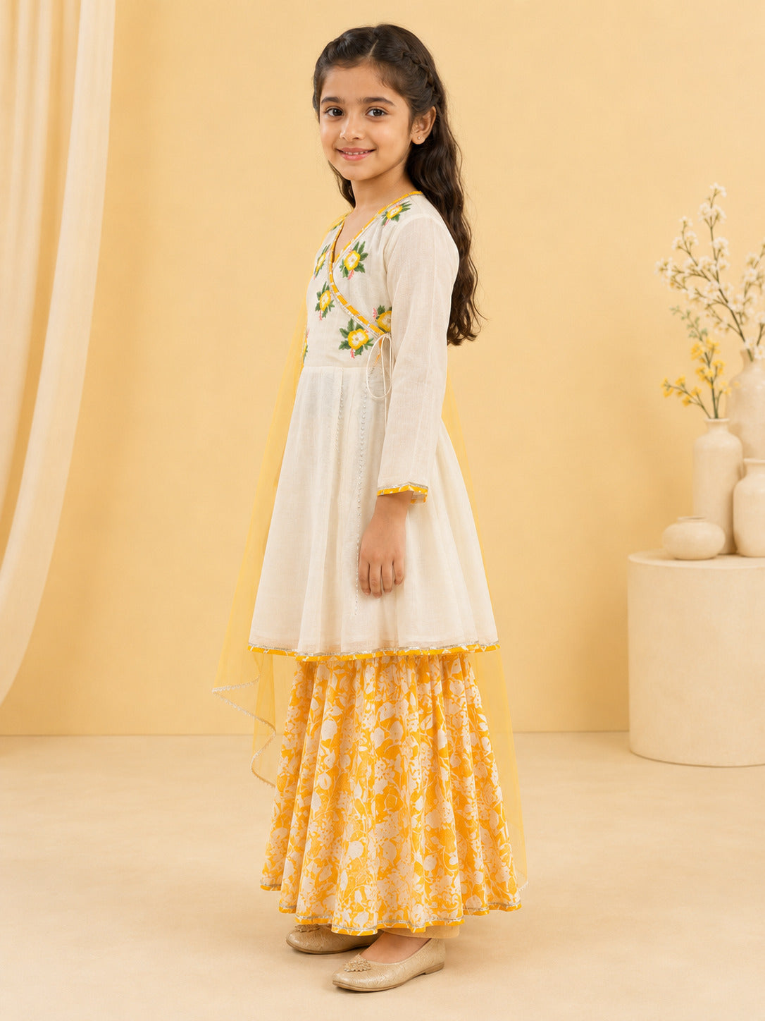 Bitiya By Bhama Girls Off White Kurta With Contrast Sharara & Dupatta