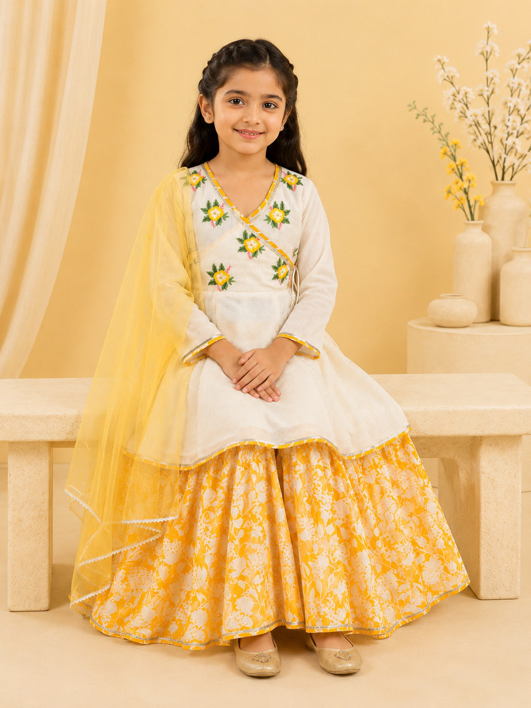 Bitiya By Bhama Girls Off White Kurta With Contrast Sharara & Dupatta