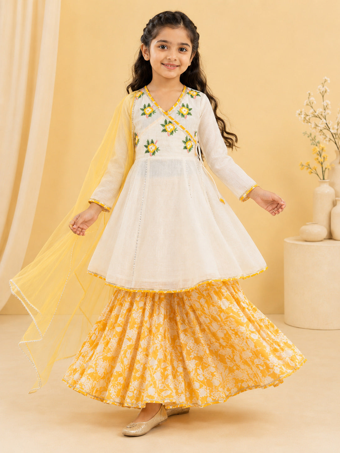 Bitiya By Bhama Girls Off White Kurta With Contrast Sharara & Dupatta
