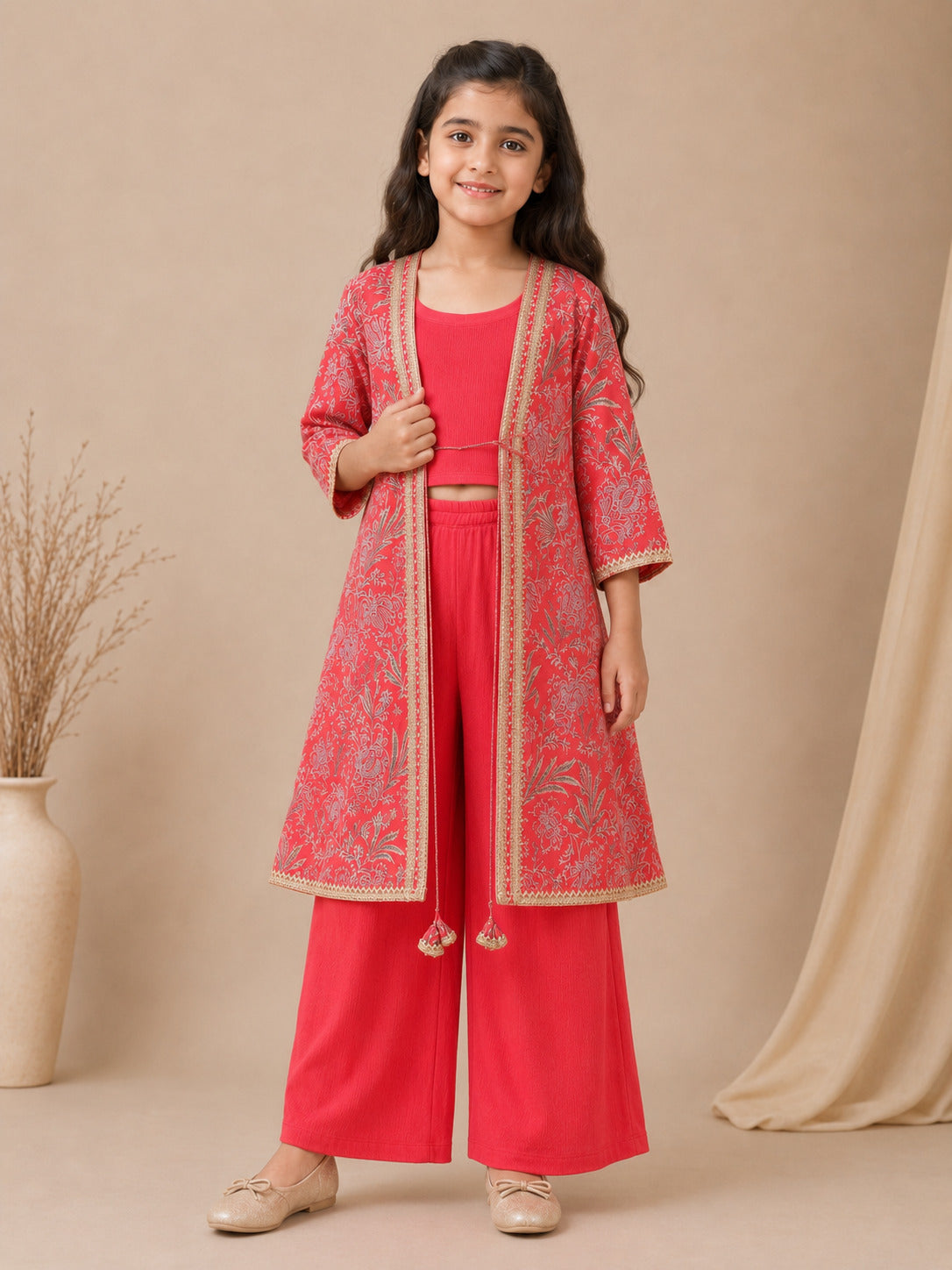 Bitiya By Bhama Girls Red Top With Matching Plazzo & Printed Jacket