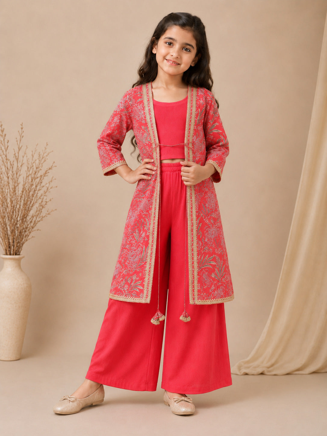 Bitiya By Bhama Girls Red Top With Matching Plazzo & Printed Jacket