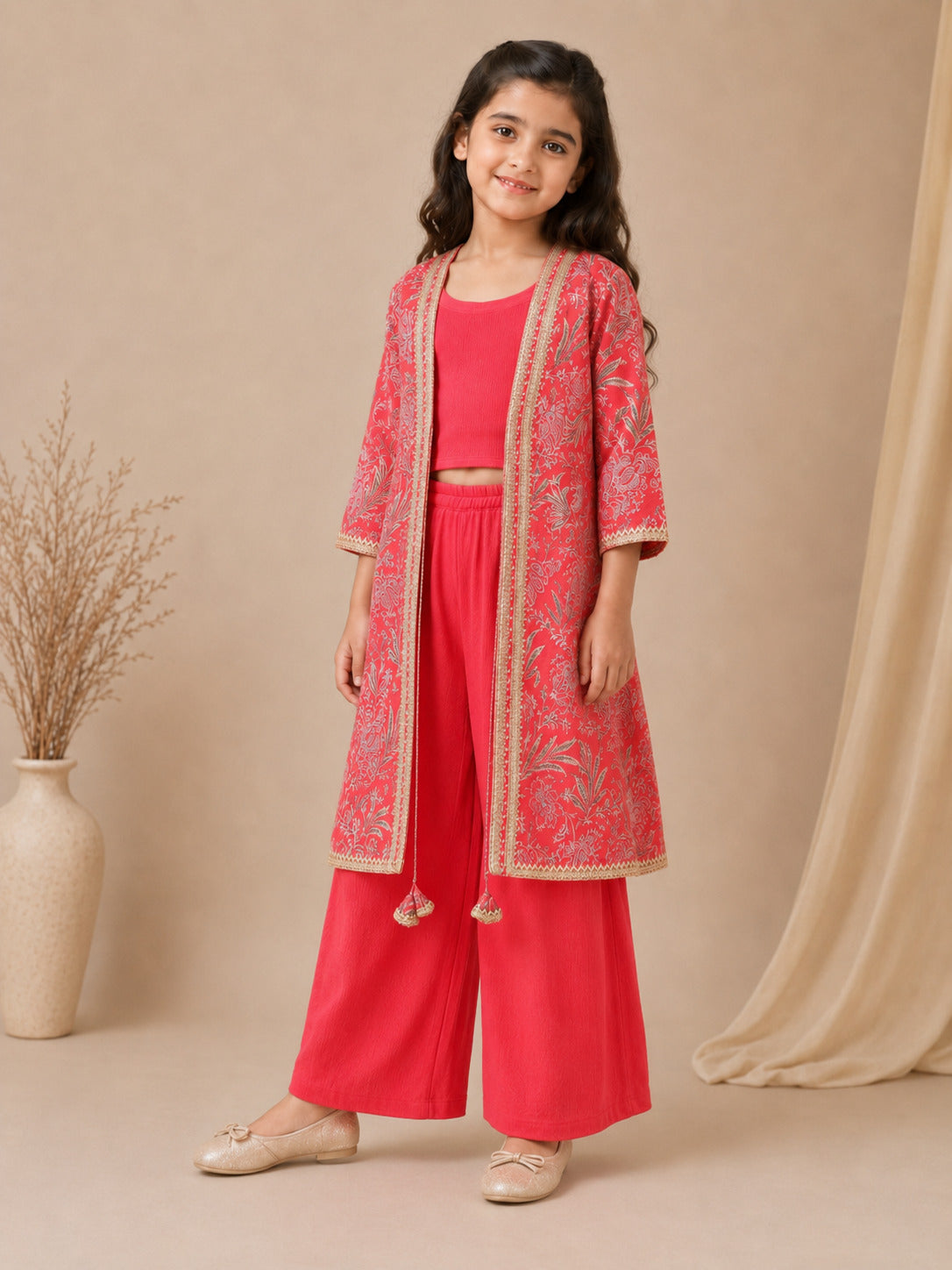 Bitiya By Bhama Girls Red Top With Matching Plazzo & Printed Jacket