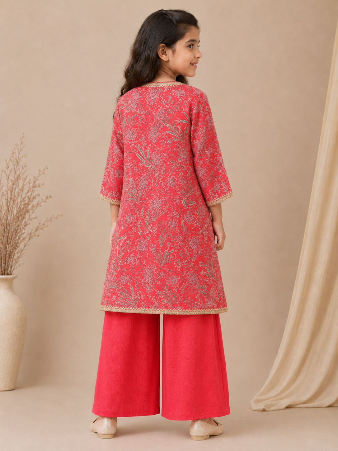 Bitiya By Bhama Girls Red Top With Matching Plazzo & Printed Jacket