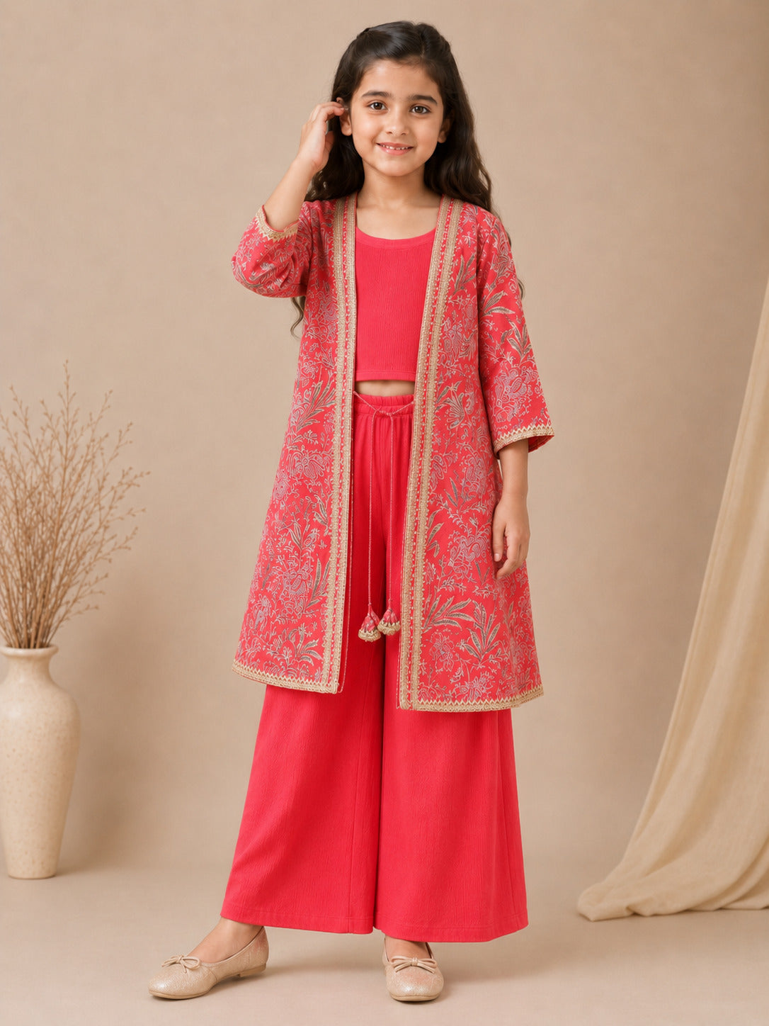 Bitiya By Bhama Girls Red Top With Matching Plazzo & Printed Jacket