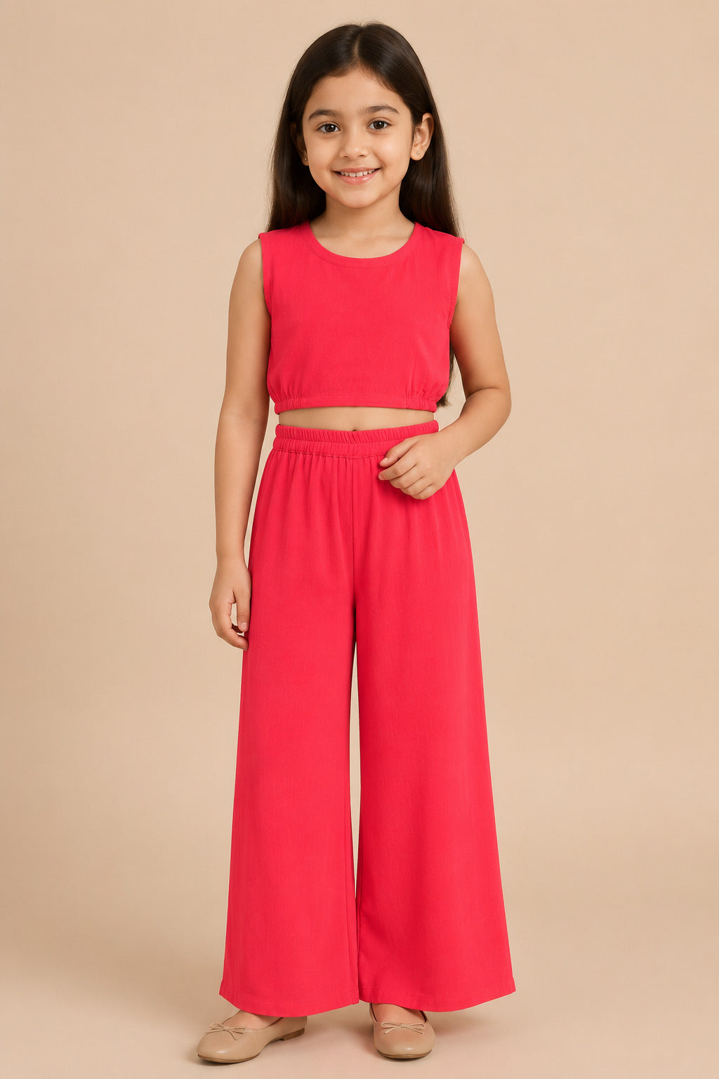 Bitiya By Bhama Girls Red Top With Matching Plazzo & Printed Jacket