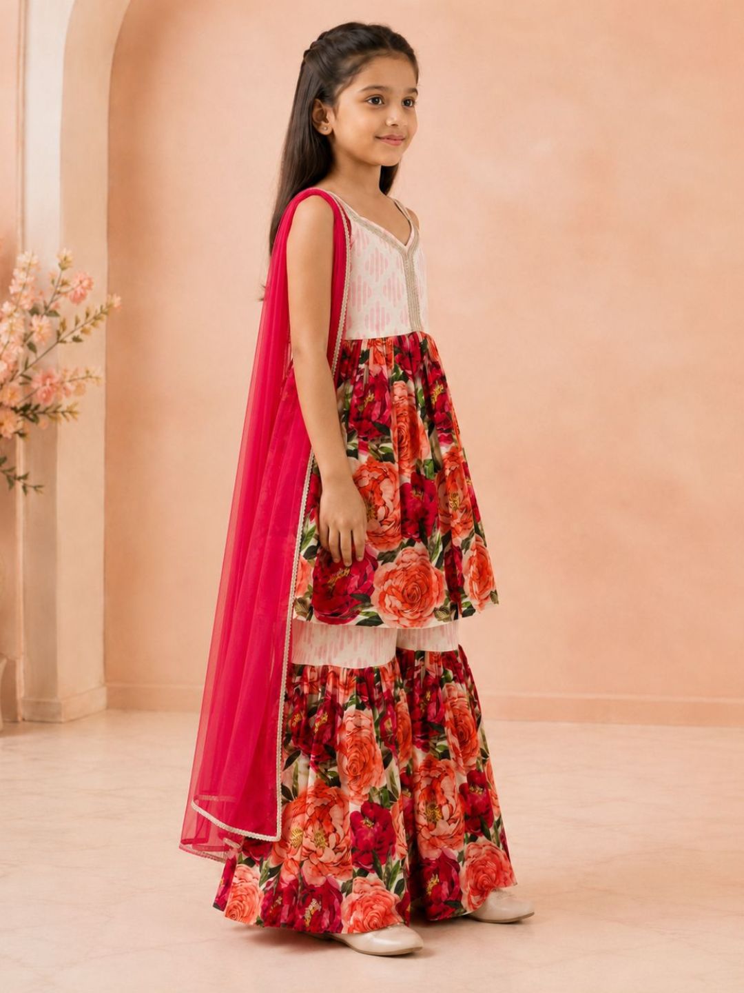 Bitiya By Bhama Girls Floral Printed Kurta With Sharara And Red Dupatta.