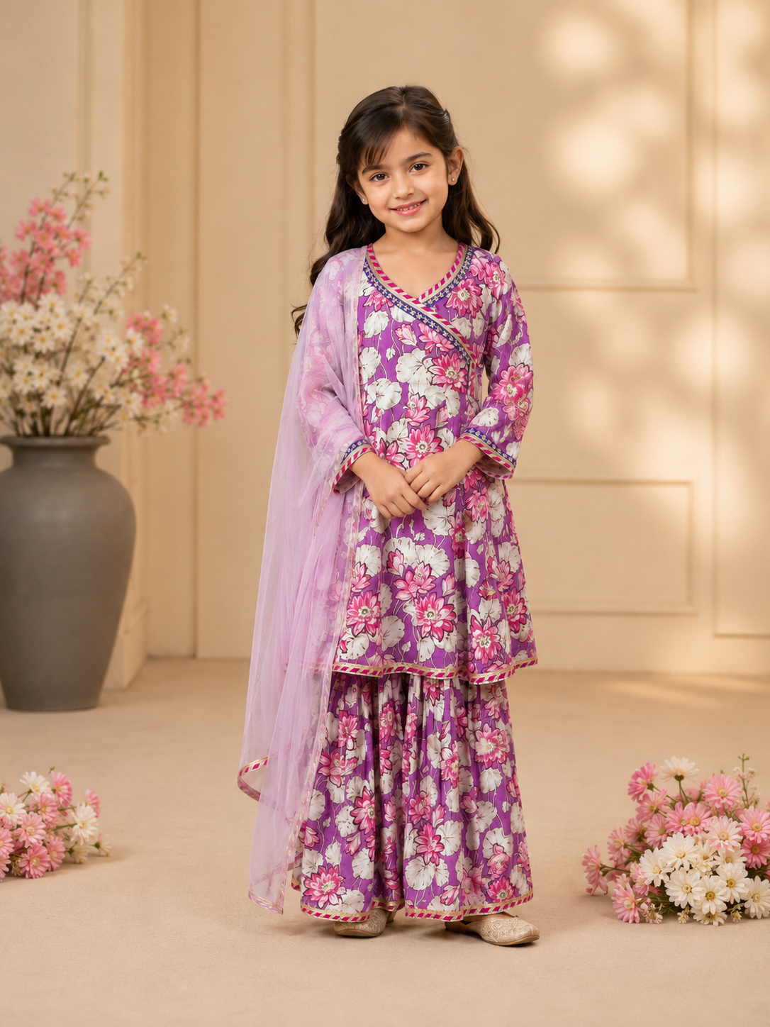 Bitiya By Bhama Girls Purple Floral Printed Kurta With  Sharara And Pink Dupatta