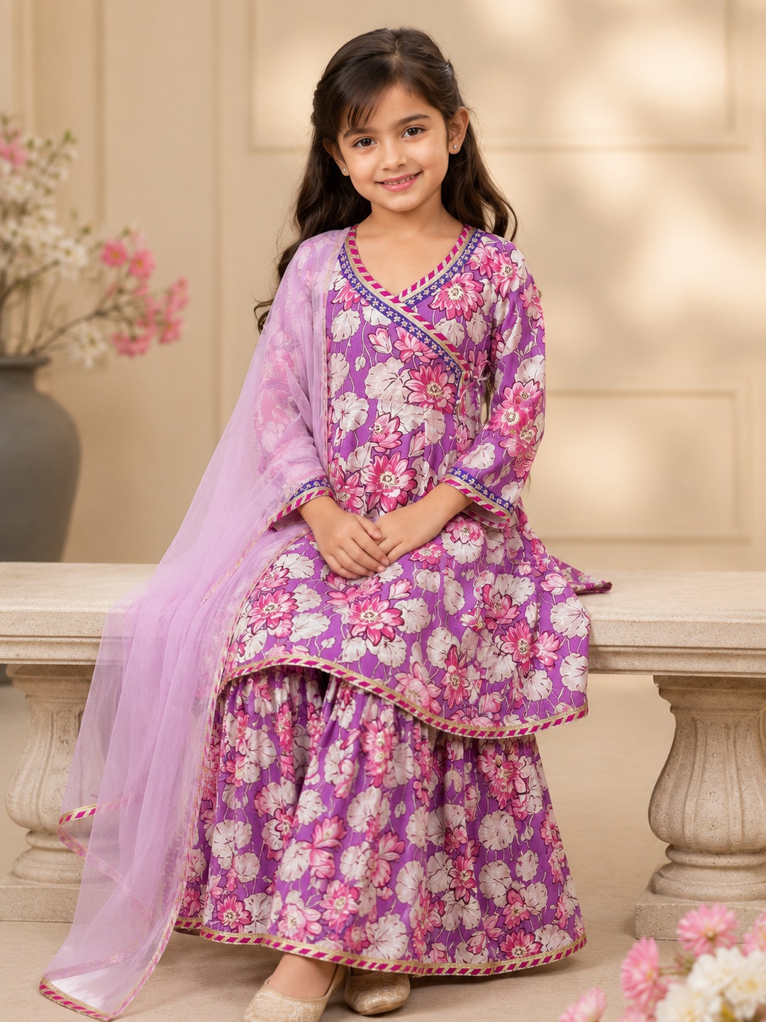 Bitiya By Bhama Girls Purple Floral Printed Kurta With  Sharara And Pink Dupatta