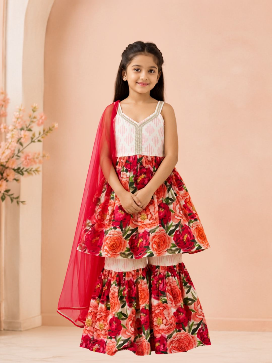 Bitiya By Bhama Girls Floral Printed Kurta With Sharara And Red Dupatta.