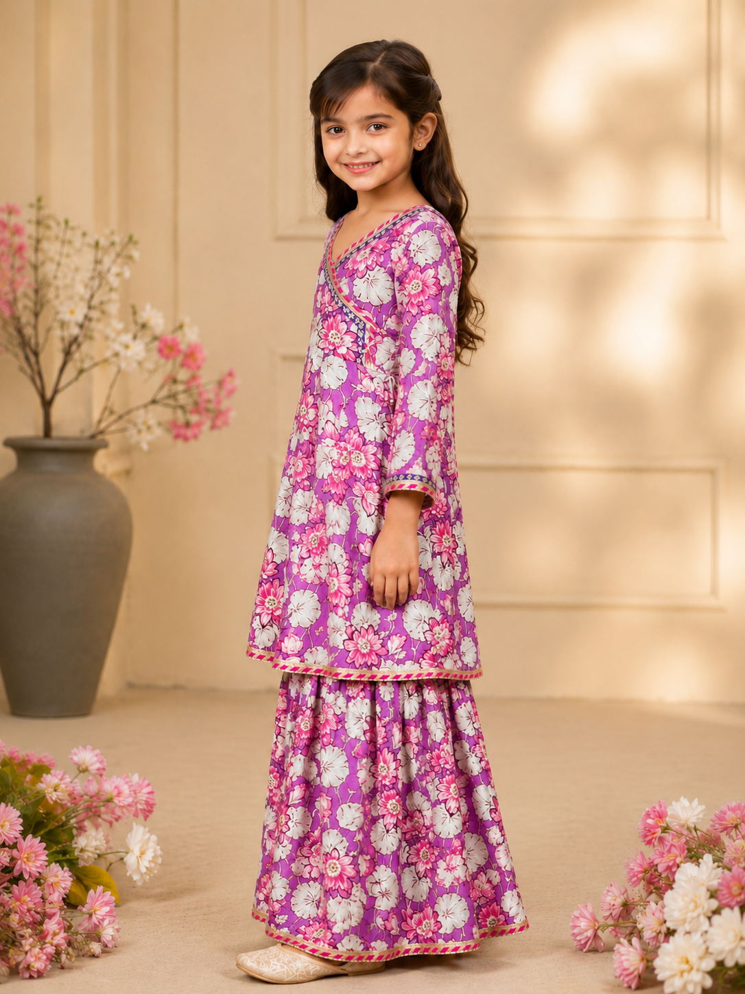 Bitiya By Bhama Girls Purple Floral Printed Kurta With  Sharara And Pink Dupatta