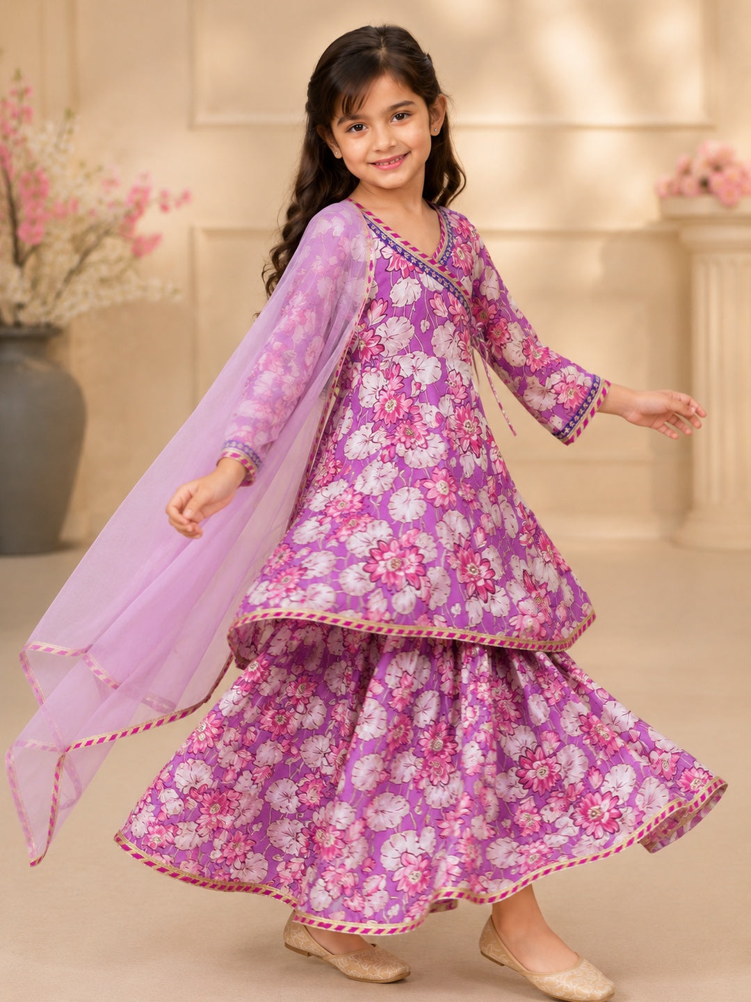 Bitiya By Bhama Girls Purple Floral Printed Kurta With  Sharara And Pink Dupatta