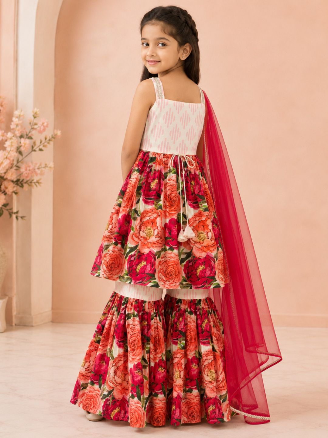 Bitiya By Bhama Girls Floral Printed Kurta With Sharara And Red Dupatta.