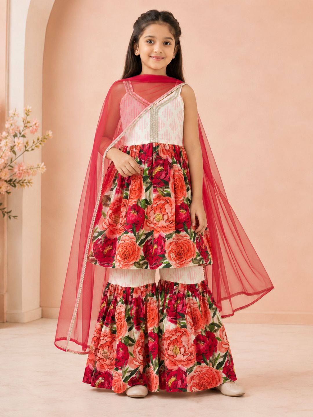 Bitiya By Bhama Girls Floral Printed Kurta With Sharara And Red Dupatta.