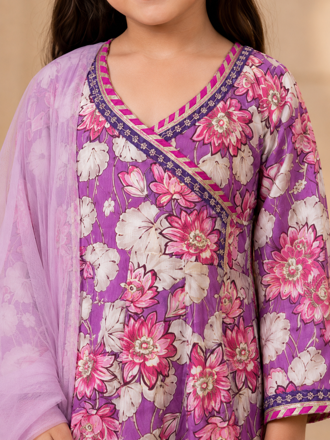Bitiya By Bhama Girls Purple Floral Printed Kurta With  Sharara And Pink Dupatta