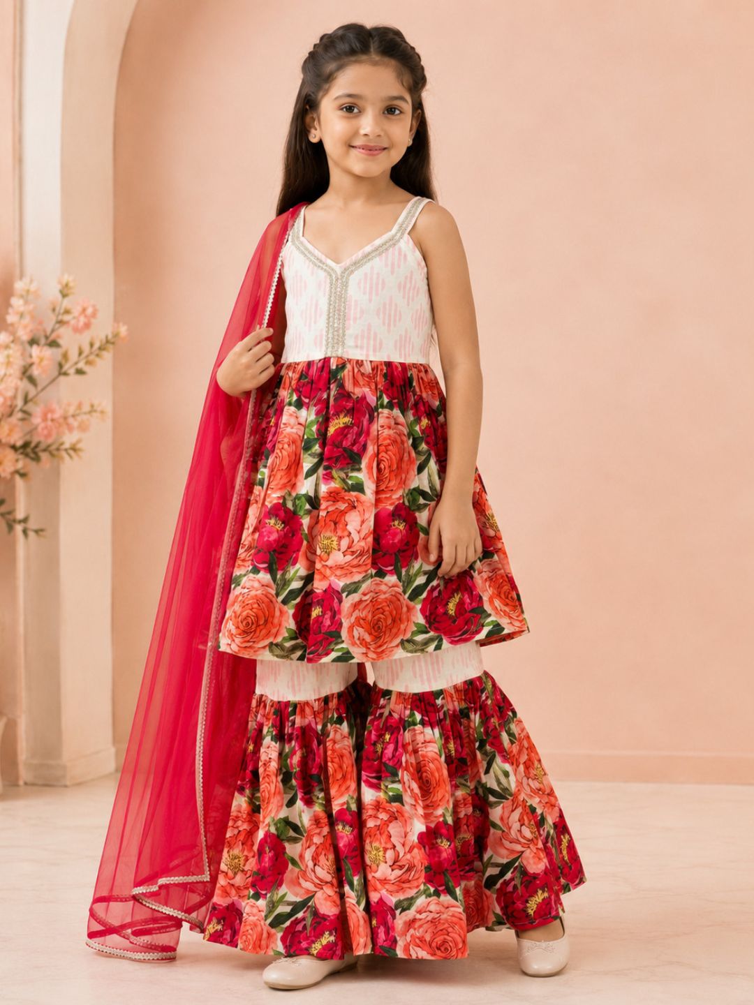 Bitiya By Bhama Girls Floral Printed Kurta With Sharara And Red Dupatta.