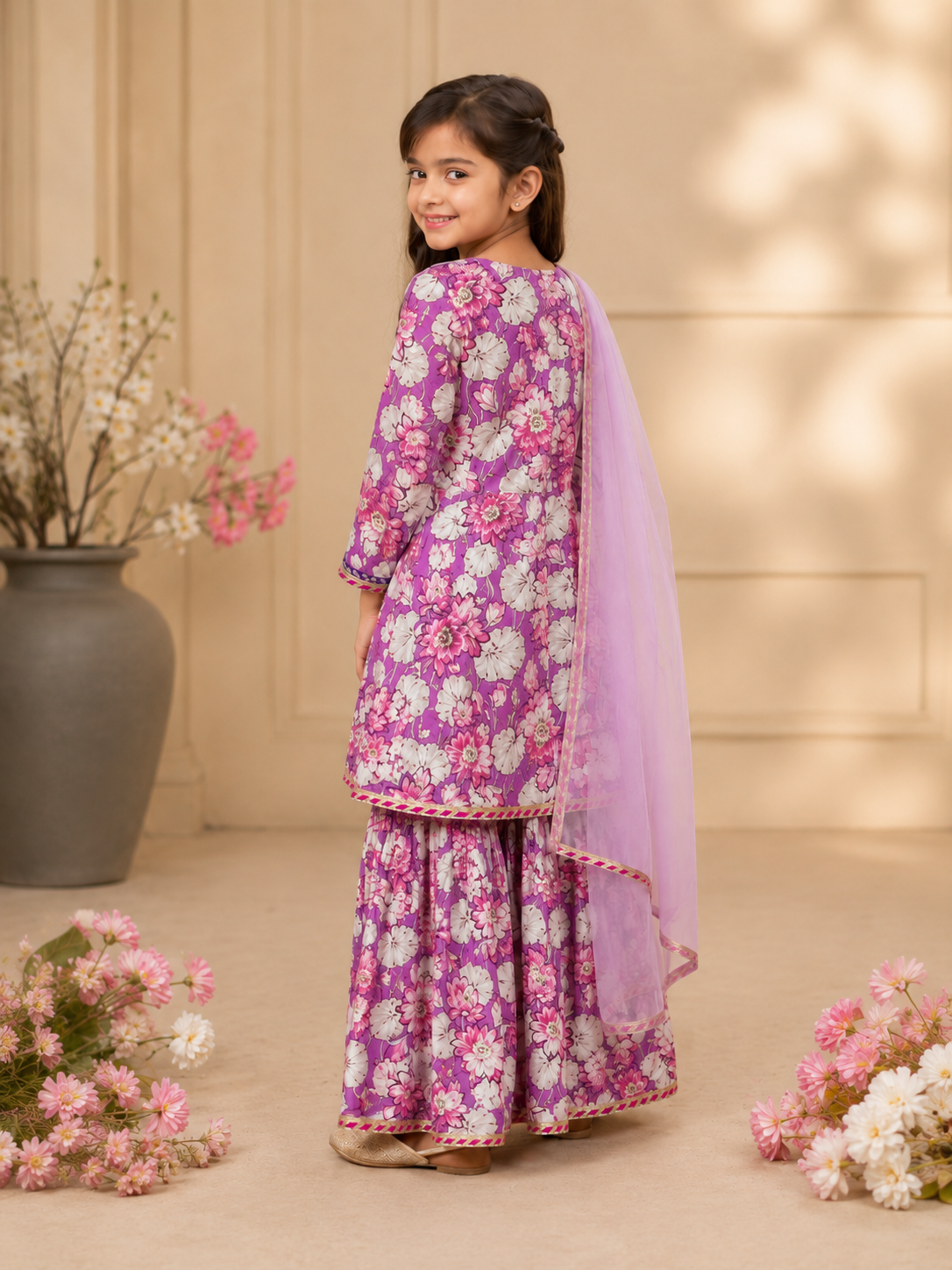 Bitiya By Bhama Girls Purple Floral Printed Kurta With  Sharara And Pink Dupatta