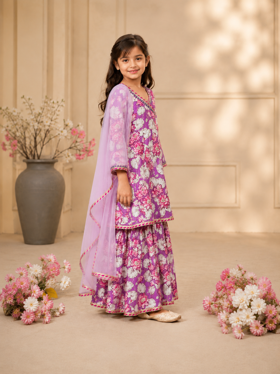Bitiya By Bhama Girls Purple Floral Printed Kurta With  Sharara And Pink Dupatta