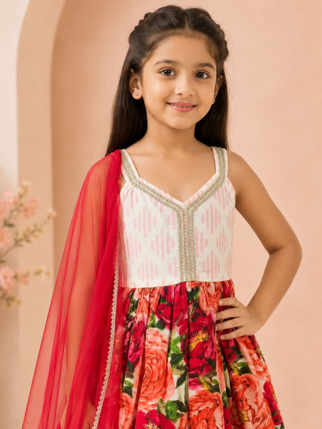 Bitiya By Bhama Girls Floral Printed Kurta With Sharara And Red Dupatta.