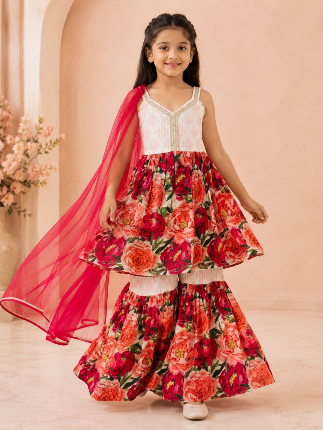Bitiya By Bhama Girls Floral Printed Kurta With Sharara And Red Dupatta.