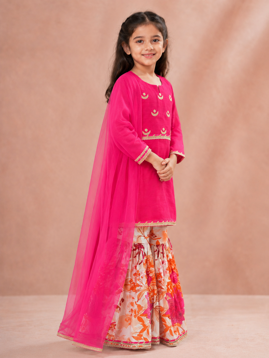 Bitiya By Bhama Girls Pink Kurta With Floral Printed Sharara And Dupatta.